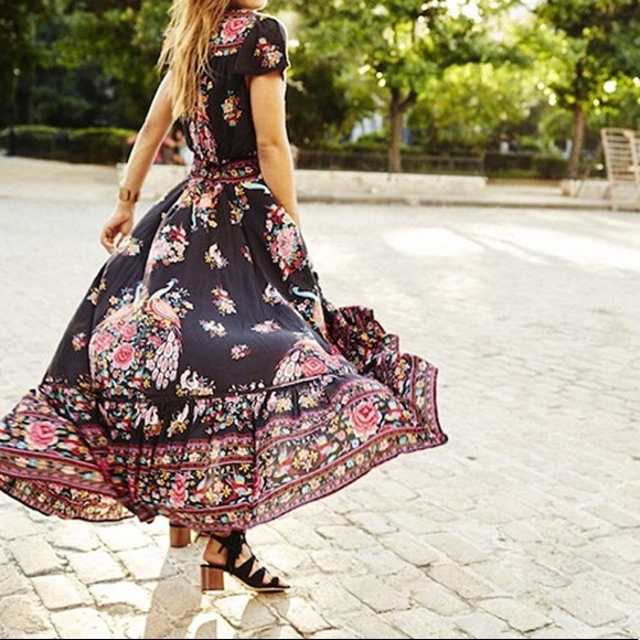 Boho Floral Deep V Neck Dress - Picture 4 of 6